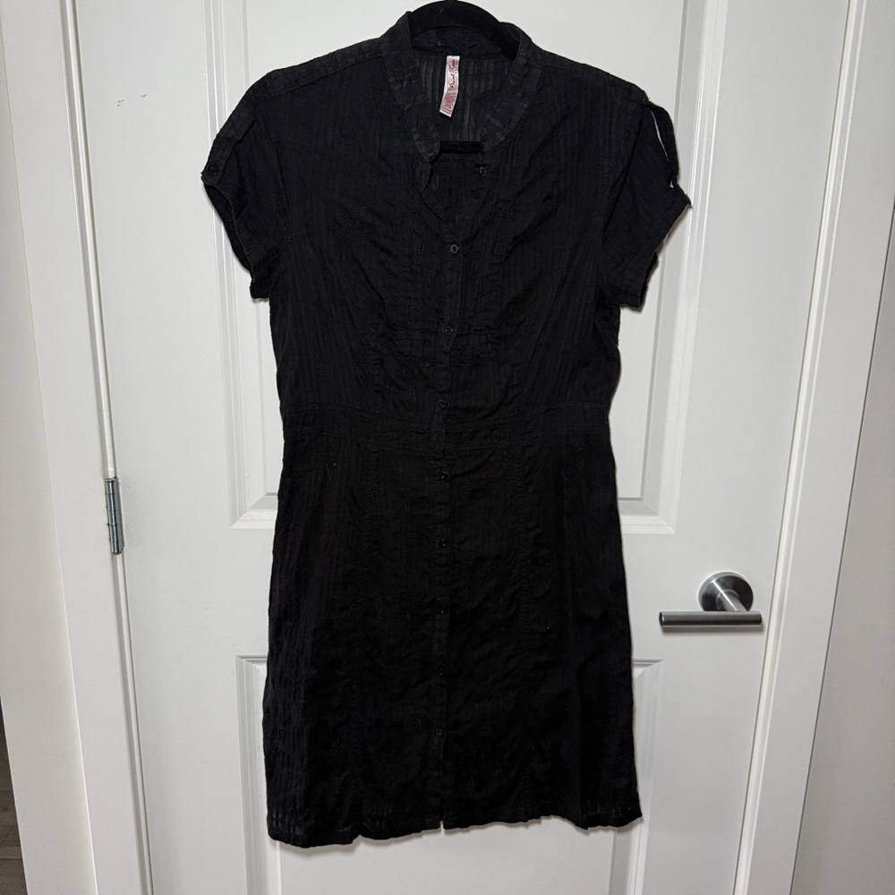 Point Zero Button Down Embroidered Black Dress 100% Cotton Size 9/10 Medium